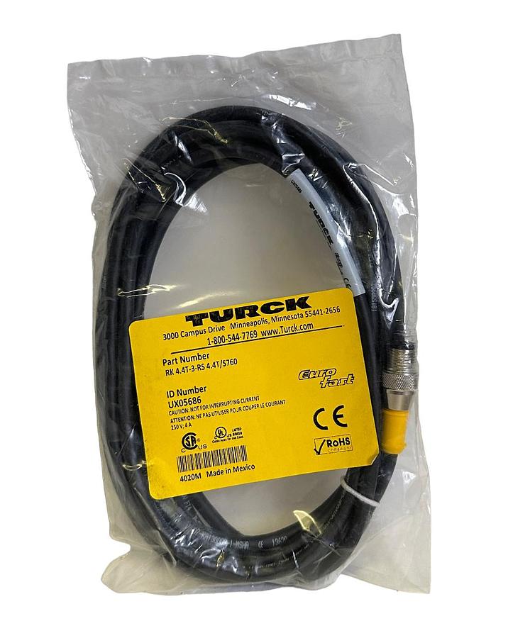 Used NEW TURCK RK 4.4T-3-RS 4.4T/S760 / RK44T3RS44TS760 M12 EURO CORDSET 3M UX05686