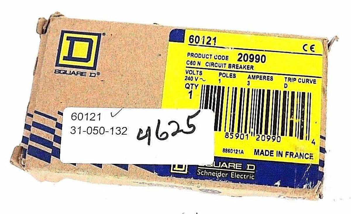 Used NIB SQUARE D MERLIN GERIN 60121 20990 C60N CIRCUIT BREAKER 3A, TRIP CURVE D 240V