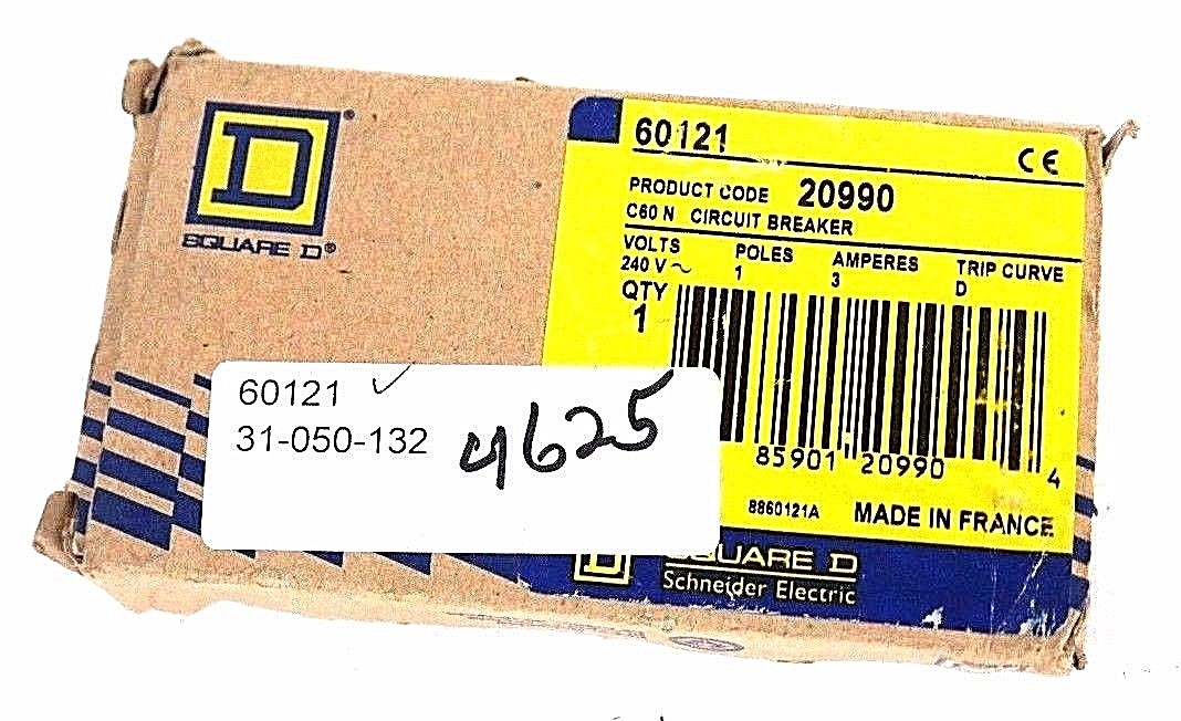 Used NIB SQUARE D MERLIN GERIN 60121 20990 C60N CIRCUIT BREAKER 3A, TRIP CURVE D 240V