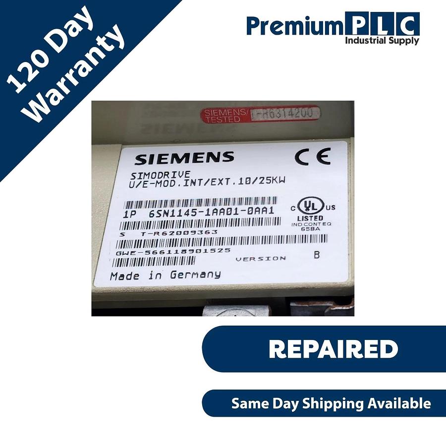 Refurbished REPAIRED SIEMENS 6SN1145-1AA01-0AA1 VER. B SIMODRIVE 611 INFEED MODULE 10/25KW