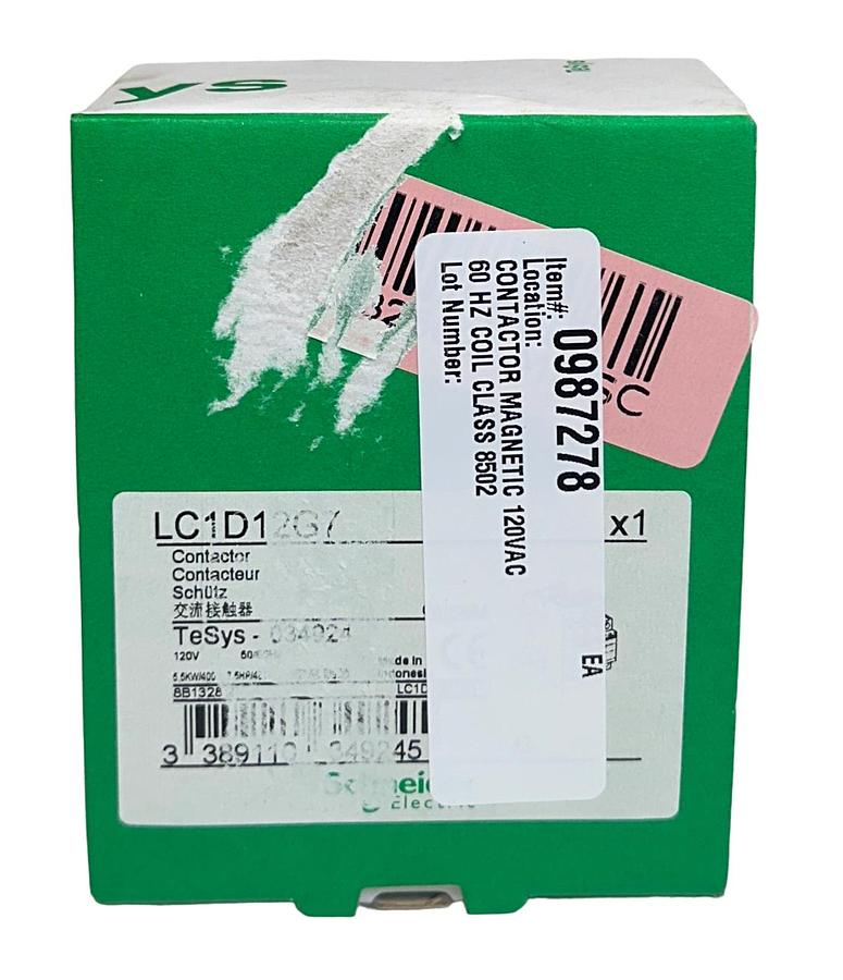 Used SCHNEIDER ELECTRIC LC1D12G7 TeSys MAGNETIC CONTACTOR 120V COIL DIN RAIL 3P NSMP