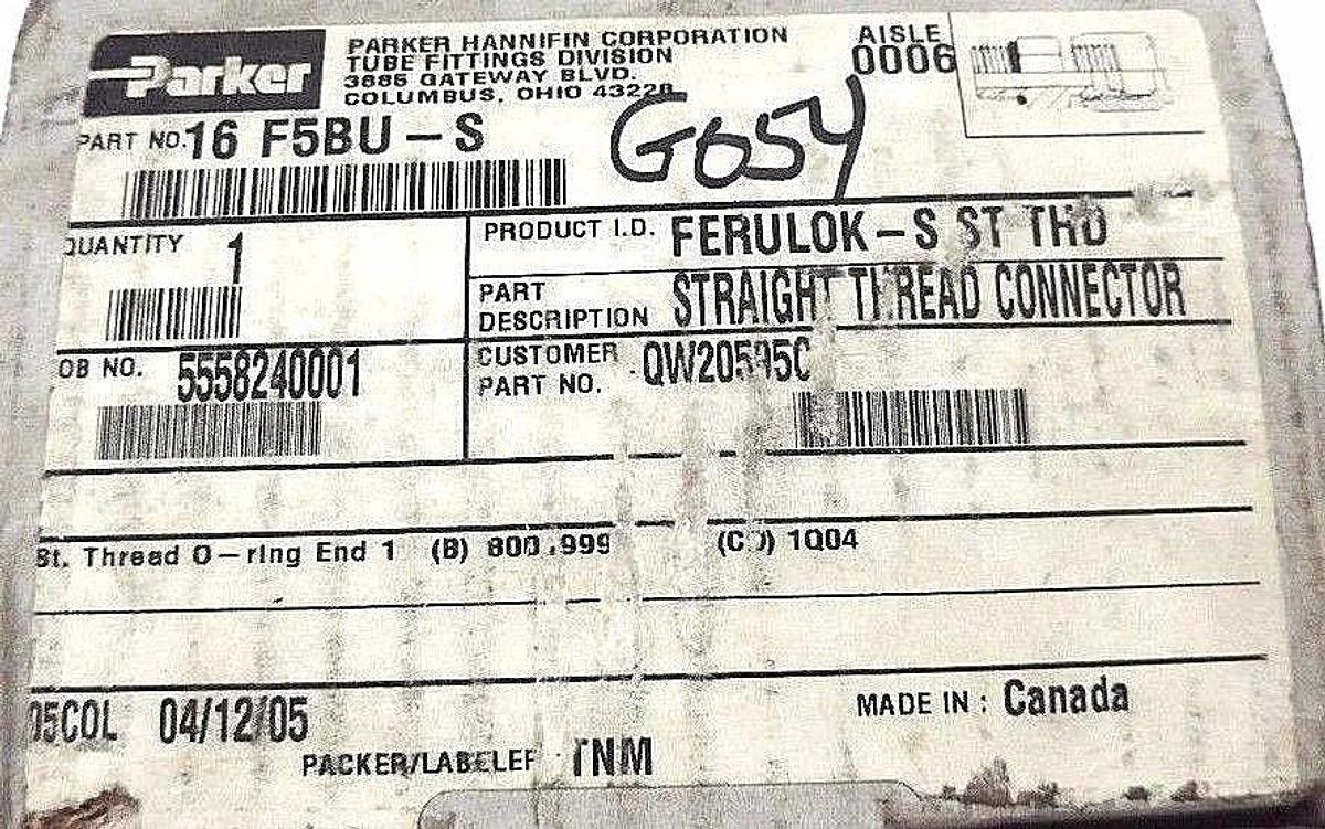 Used BOX OF 2 NEW PARKER 16 F5BU-S STRAIGHT THREAD CONNECTOR 16 BU-S