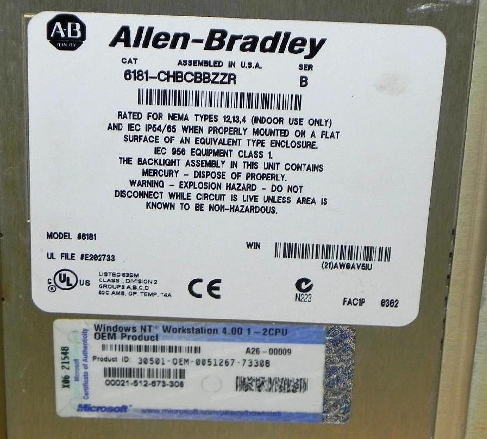 Used ALLEN BRADLEY 6181-CHBCBBZZR INDUSTRIAL COMPUTER 6181CHBCBBZZR SER. B