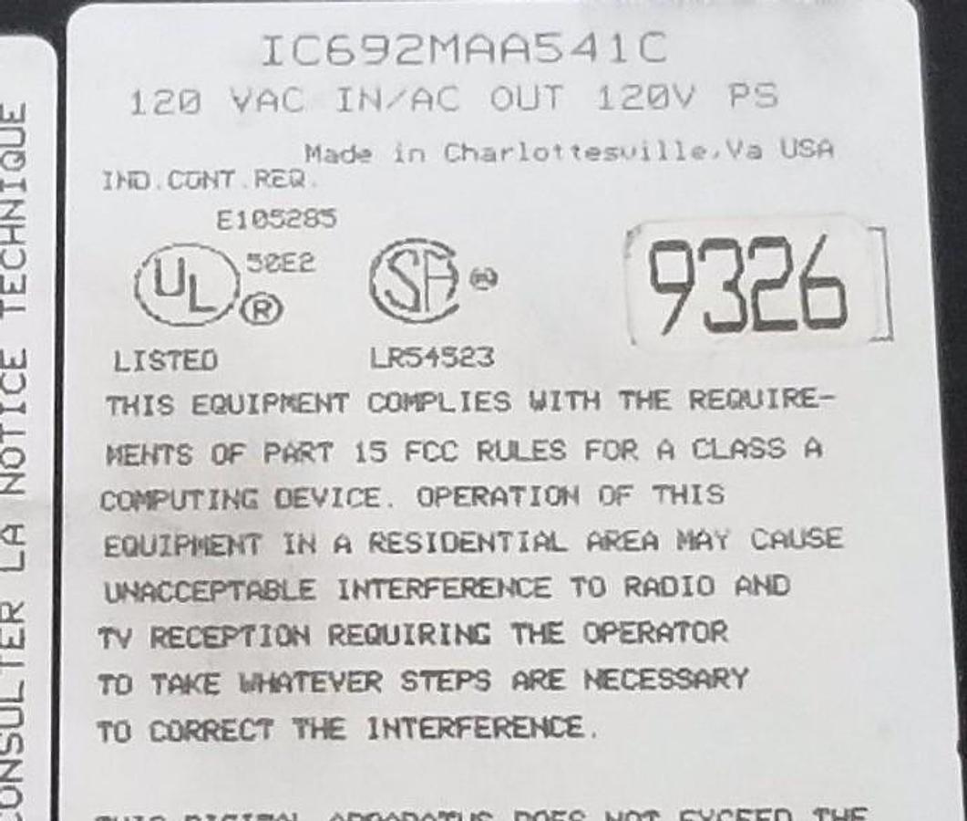 Used GE FANUC IC692MAA541C SERIES 90-20 PROGRAMMABLE CONTROLLER 120 VAC IC692CPU211D