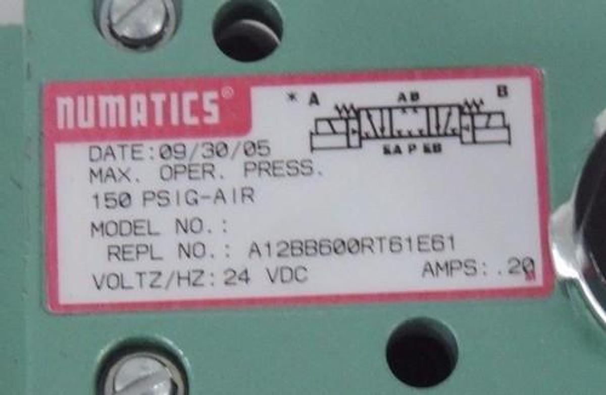 Used NEW NUMATICS A12BB600RT61E61 125 UNIT 150PSIG 24VDC .20AMP