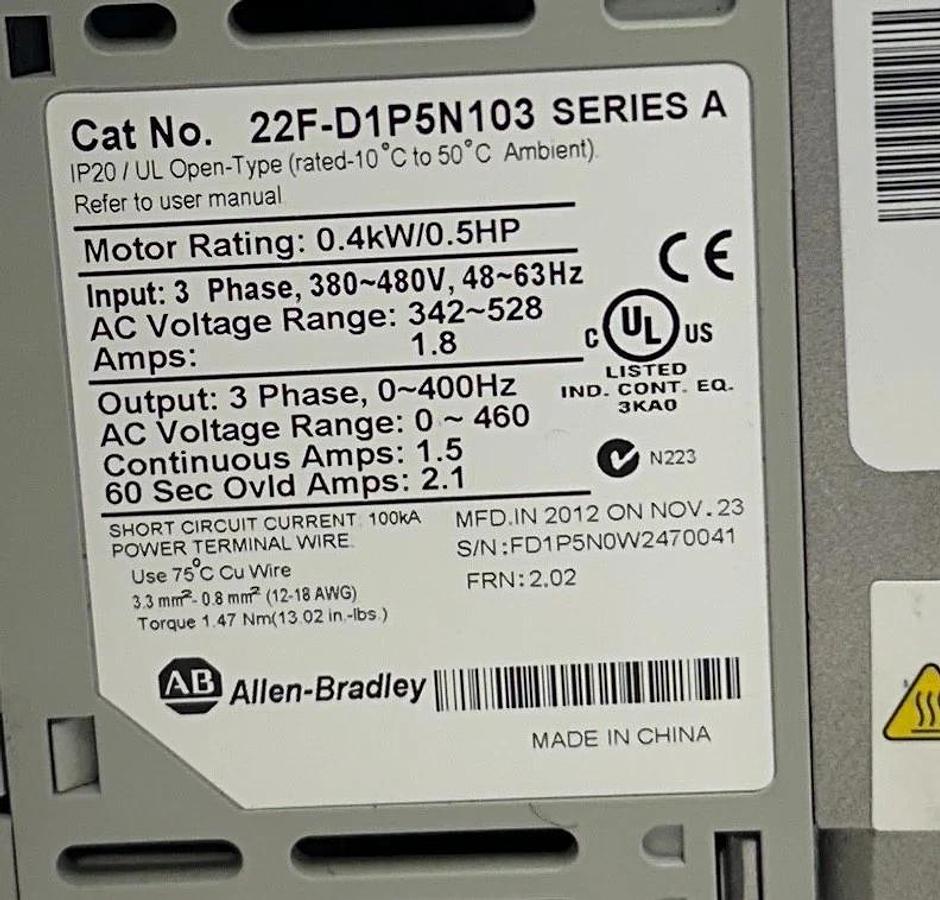 Used ALLEN BRADLEY 22F-D1P5N103 /A PowerFlex 4M AC DRIVE 0.4kW/0.5HP 380-480V USNP