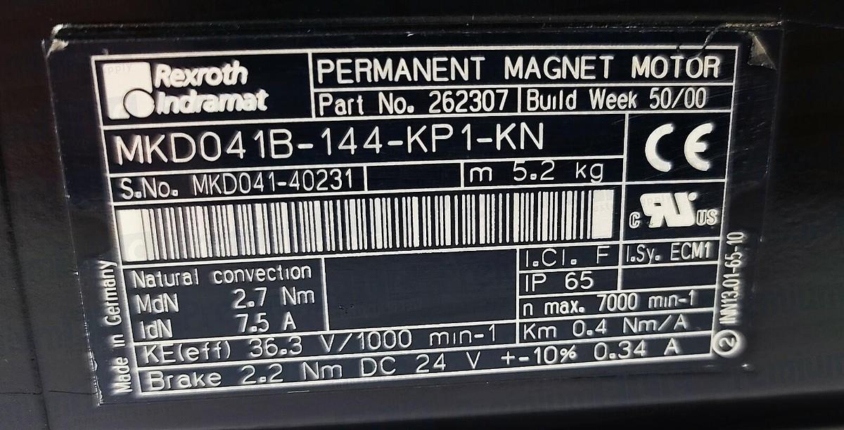 Used REXROTH INDRAMAT MKD041B-144-KP1-KN MKD SYNCHRONOUS SERVO MOTOR P/N 262307