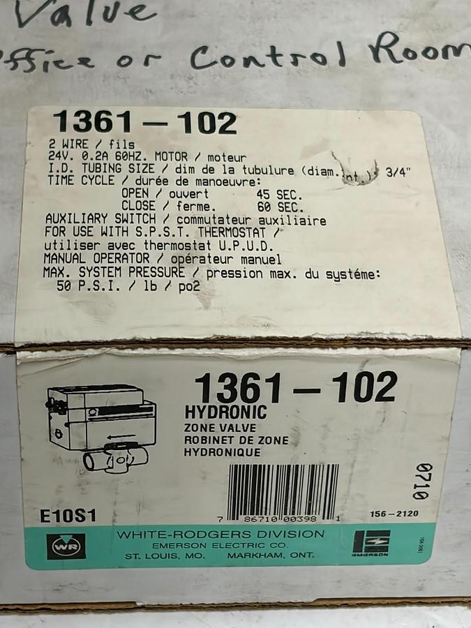 Used White-Rodgers 1361-102 Hydronic Zone Water Valve 3/4" 24V New in Box
