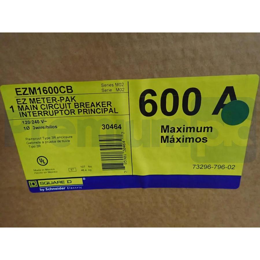 Square D EZM1600CB EZ Meter-Pak Main Circuit Breaker Unit 600A 120/240VAC 1Ph/3W