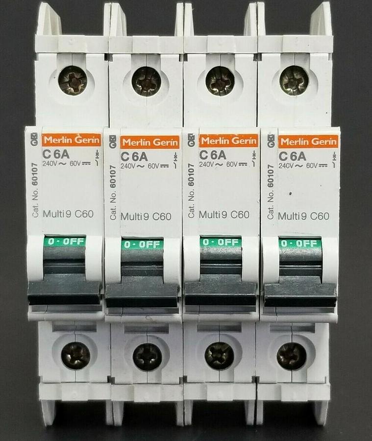 Used LOT OF 4 MERLIN GERIN CAT. NO. 60107 MULTI9 C60 CIRCUIT BREAKERS C6A 240V/60V