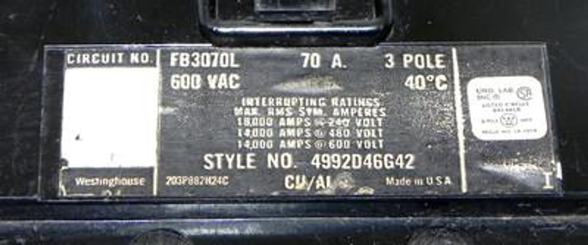 Used WESTINGHOUSE FB3070L 70 AMP CIRCUIT BREAKER STYLE NO. 4992D46G42