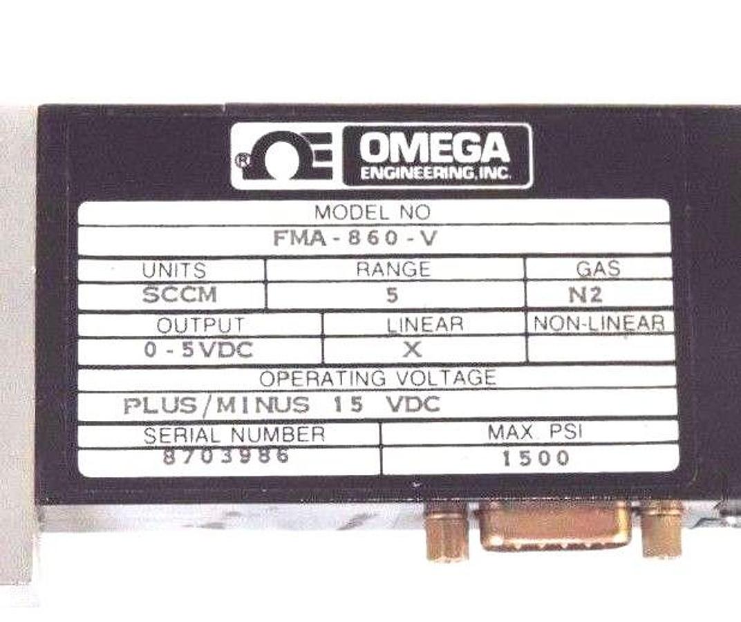 Used NIB OMEGA FMA-860-V FLOW METER 0/5VDC, X LINEAR, SCCM, N2, 1500PSI, FMA860V