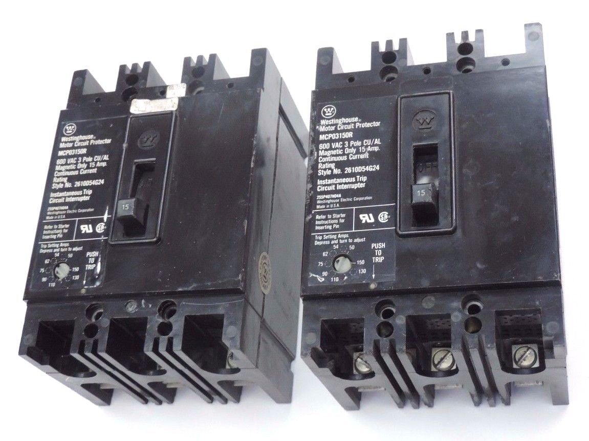 Used LOT OF 2 WESTINGHOUSE MPC03150R CIRCUIT BREAKERS STYLE NO. 2610D54G24, 15 AMP.