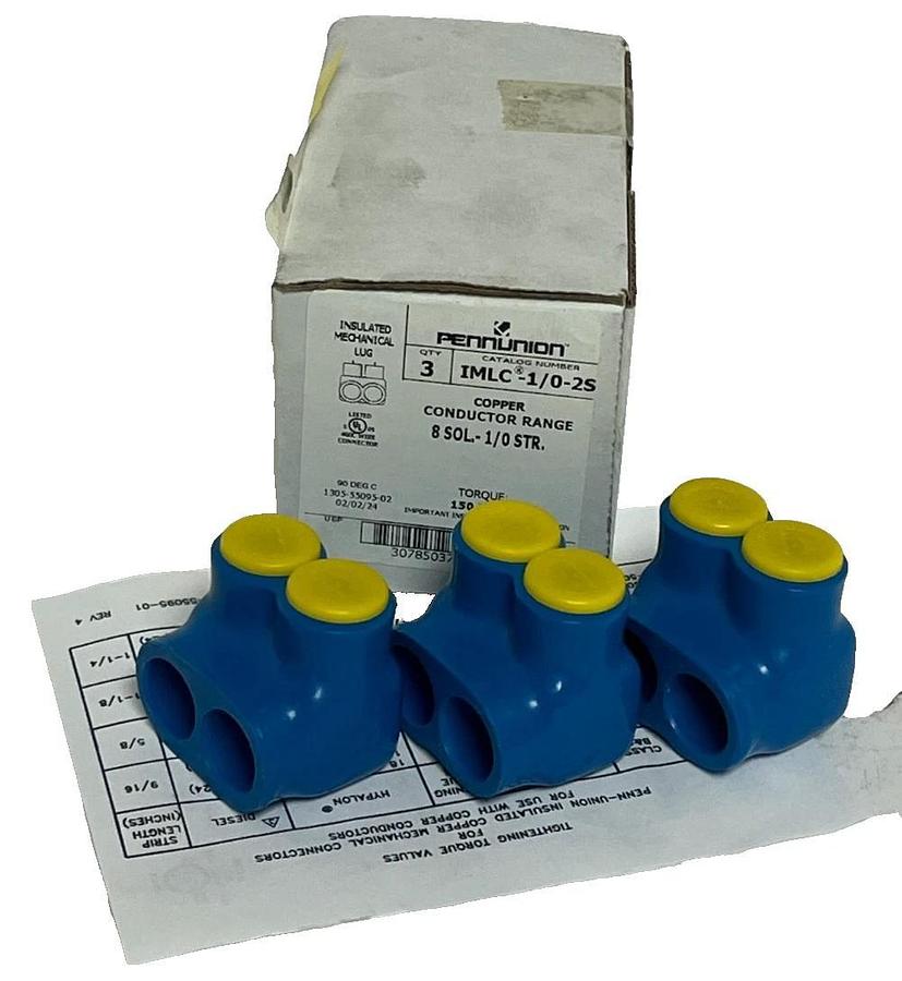 Box of 3 Penn-Union IMLC-1/0-2S Insulated Mechanical Connectors 2-Port 1/0-14