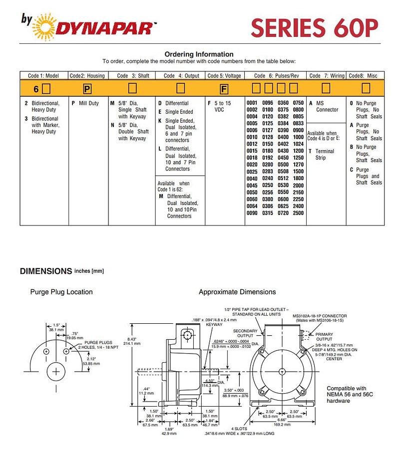 Used DYNAPAR 62-PMKF-1024-A0 - M060223 60P Rotopulser ENCODER 56 C-FACE ENCODER NSNP