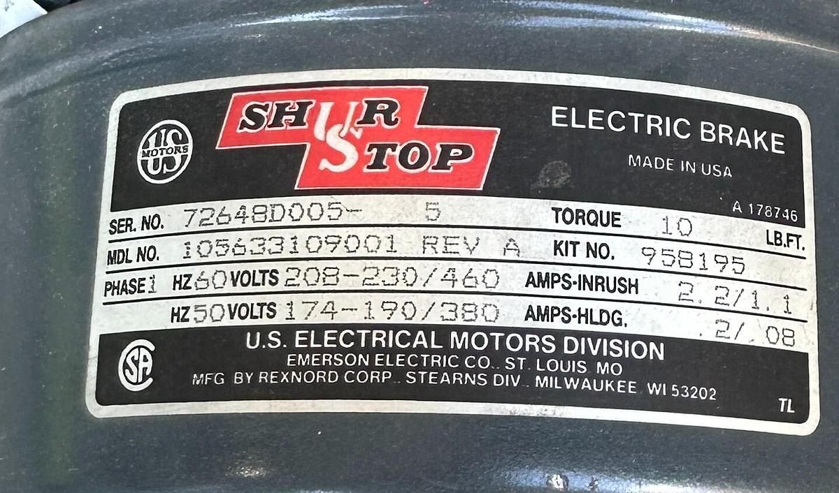 Used NEW US MOTORS A893A UNIMOUNT 125 MOTOR 2HP 3-PH W/ 105633109001 SHUR STOP BRAKE