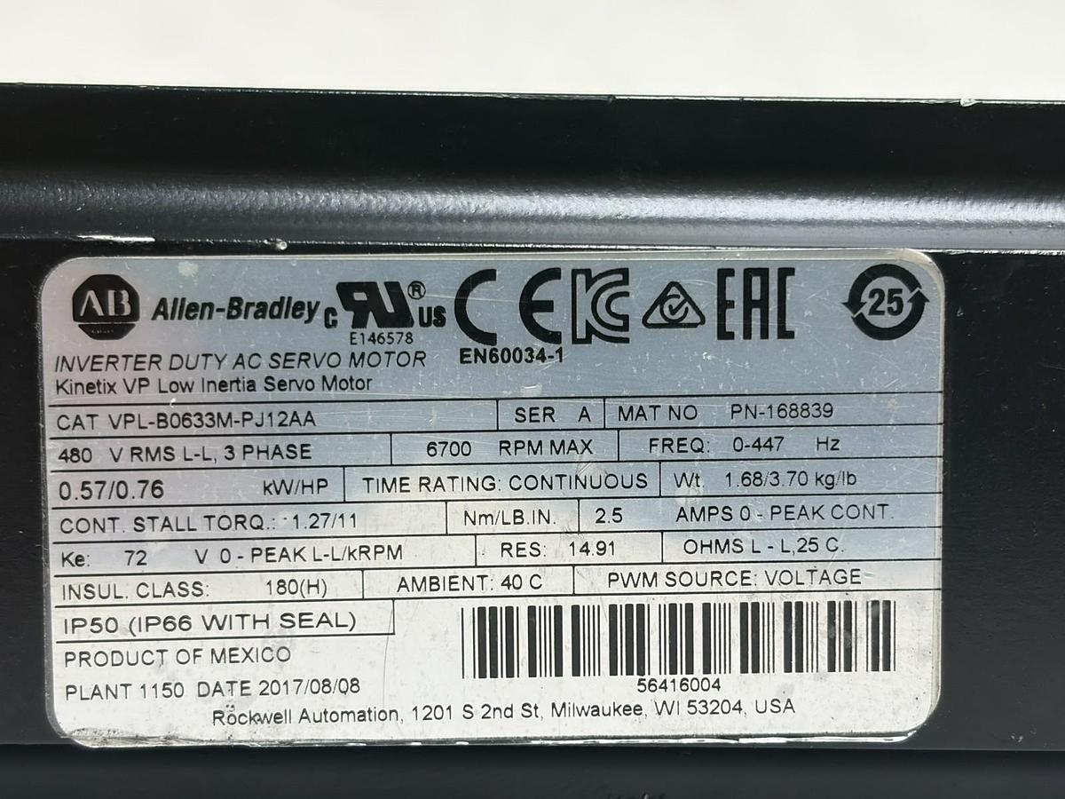 Used Allen-Bradley VPL-B0633M-PJ12AA Servo Motor 480V 6700 RPM 0.57kW