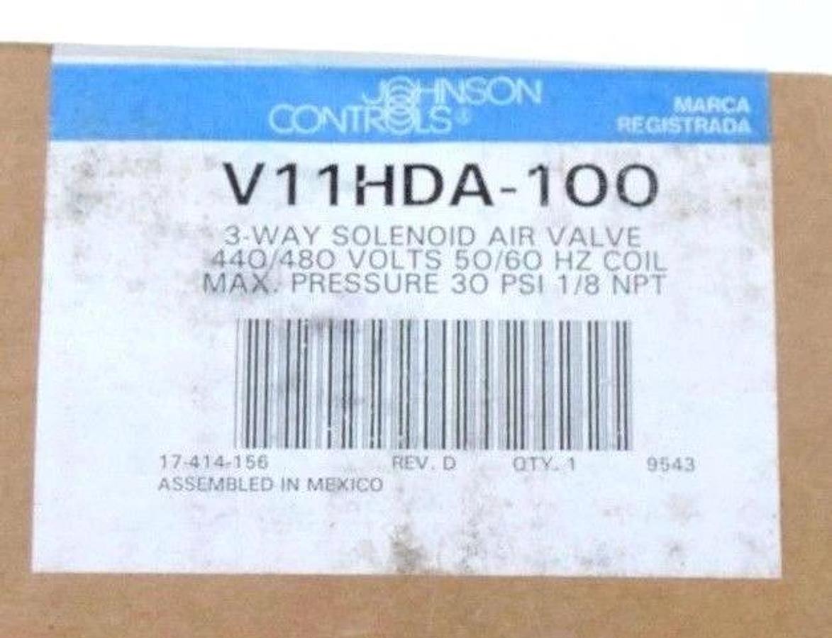 Used NIB JOHNSON CONTROLS V11HDA-100 SOLENOID AIR VALVE 440-480V, 50/60HZ, 1/8" NPT