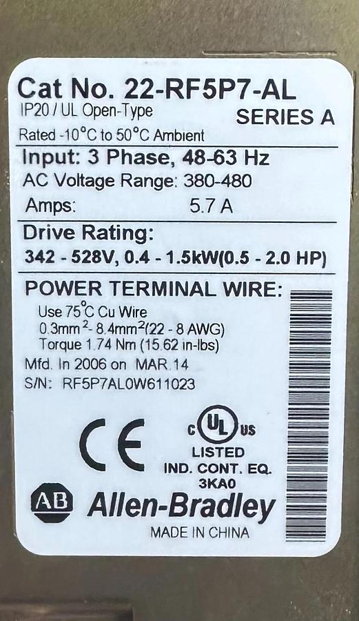Used ALLEN BRADLEY 22-RF5P7-AL /A PowerFlex 4 LINE FILTER 380-480Vac 48-63Hz 5.7A