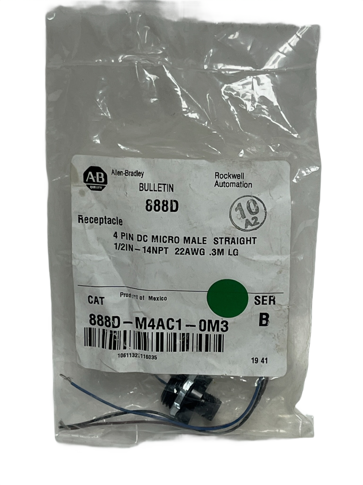 Used Allen-Bradley 888D-M4AC1-0M3 DC Micro Receptacle 4-Pin Male 0.3M Ser B - NSMP