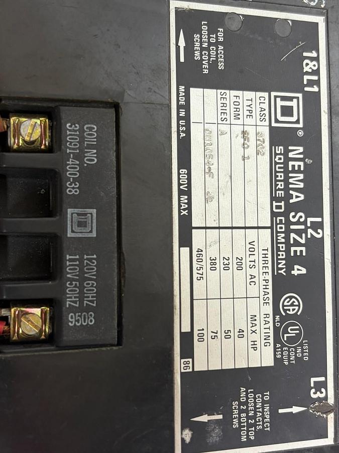 Used Square D 8702SFO1V02S NEMA Size 4 Reversing Contactor Assy. 110/120V Coil USPI