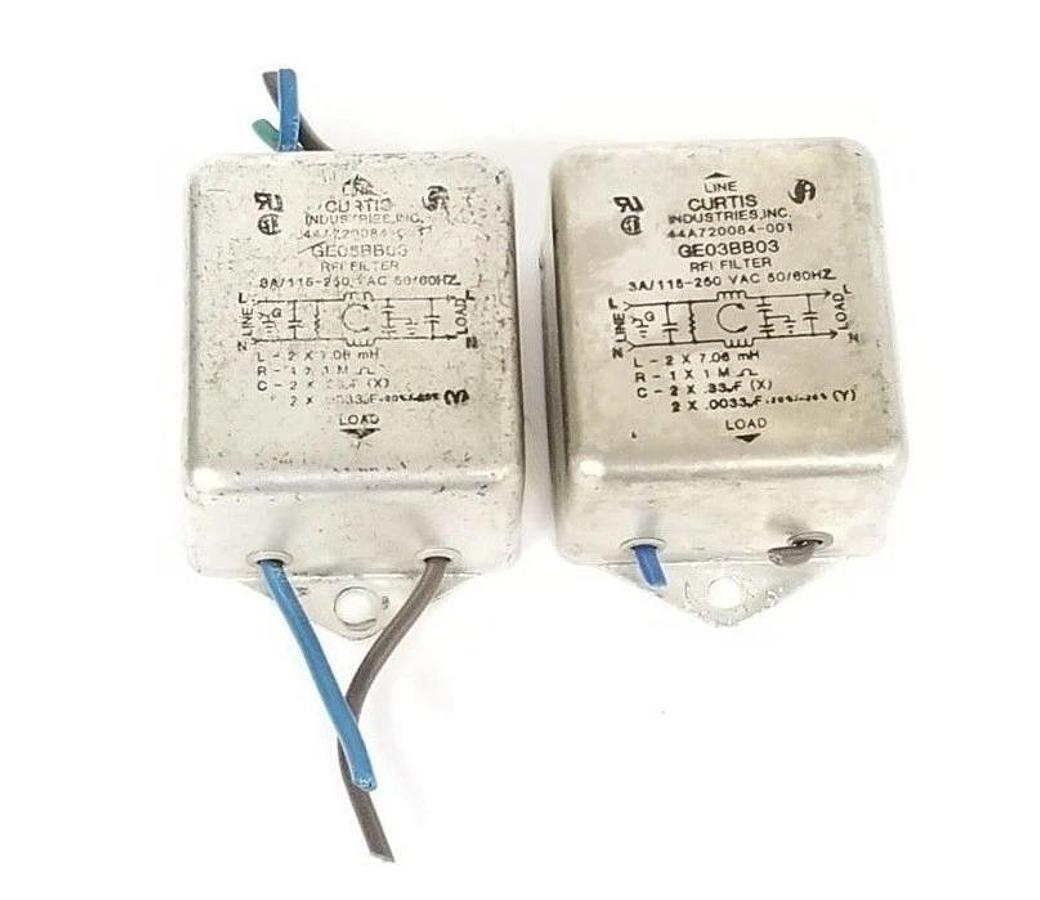 Used LOT OF 2 CURTIS INDUSTRIES GE03BB03 RFI FILTERS, 3A, 115-250VAC, 44A720084-001