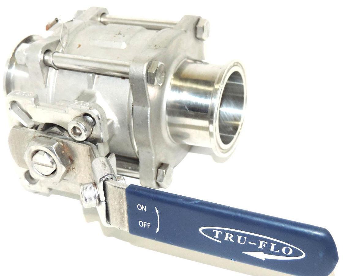 Used TRU-FLO 2" 1000 WOG STAINLESS BALL VALVE WITH MALE/MALE CLAMP FITTINGS