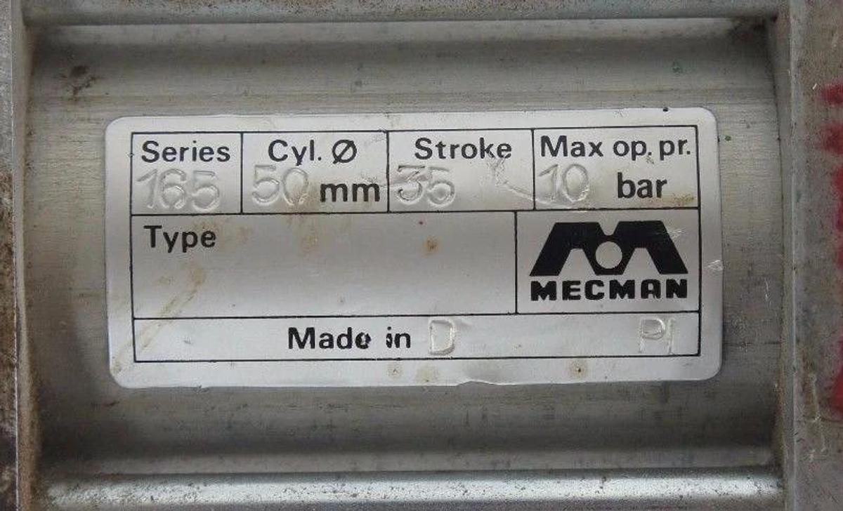 Used MECMAN SERIES 165 AIR CYLINDER VALVE CYL. 50MM, STROKE 35, MAX OP. PR. 10 BAR