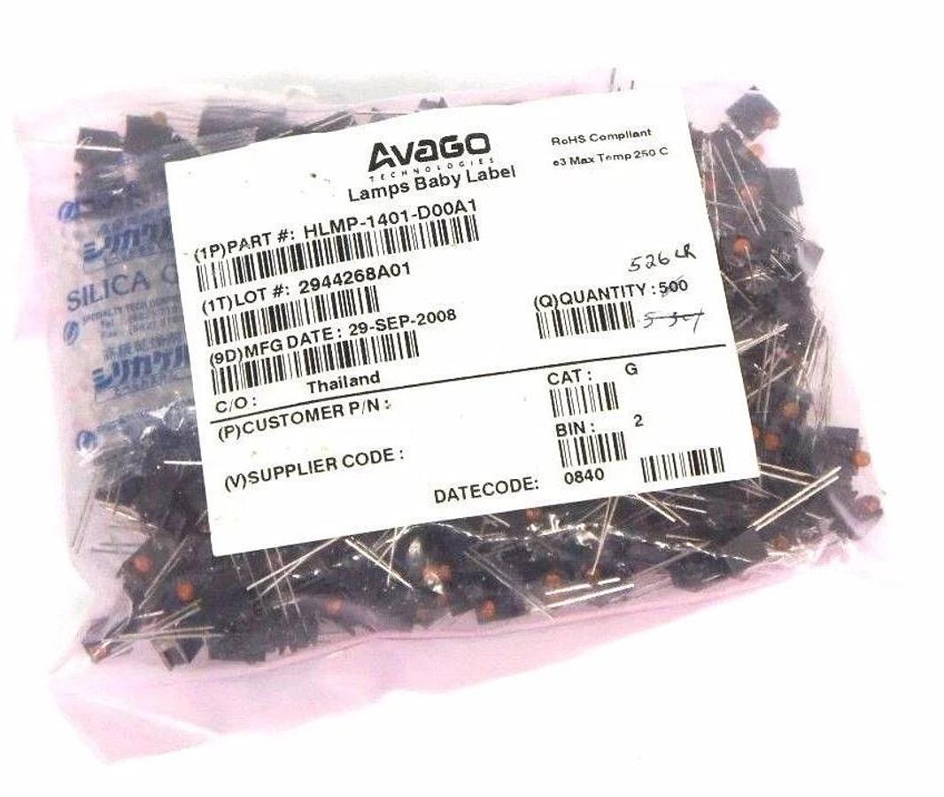 Used BAG OF 526 NEW AVAGO HLMP-1401-D00A1 LED, T-1, YELLOW, 3.6MCD, 585NM LAMPS