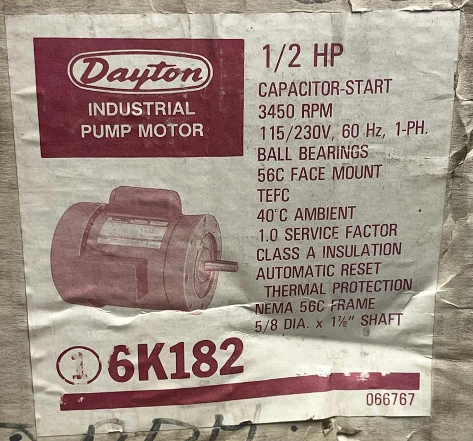 Used Dayton 6K182 General Purpose Motor | 1/2 HP, 3450 RPM, 115/230V, 56C Frame, TEFC