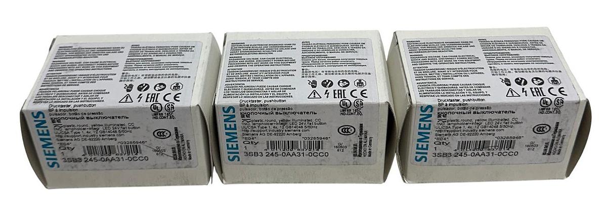 Used 3 SIEMENS 3SB3 245-0AA31-0CC0 PUSH BUTTONS YELLOW ILLUMINATED 24V LED NSMP