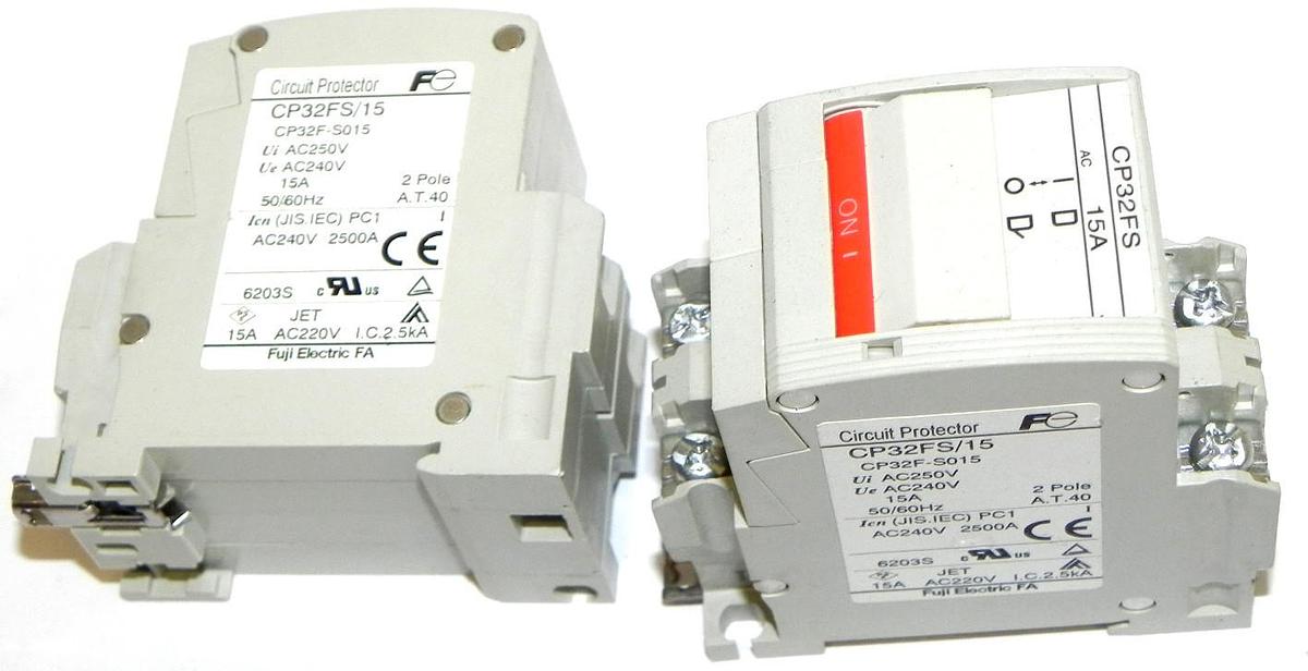 Used LOT OF 2 FUJI ELECTRIC CP32FS/15 CIRCUIT PROTECTORS CP32F-S015, 15A, CP32FS