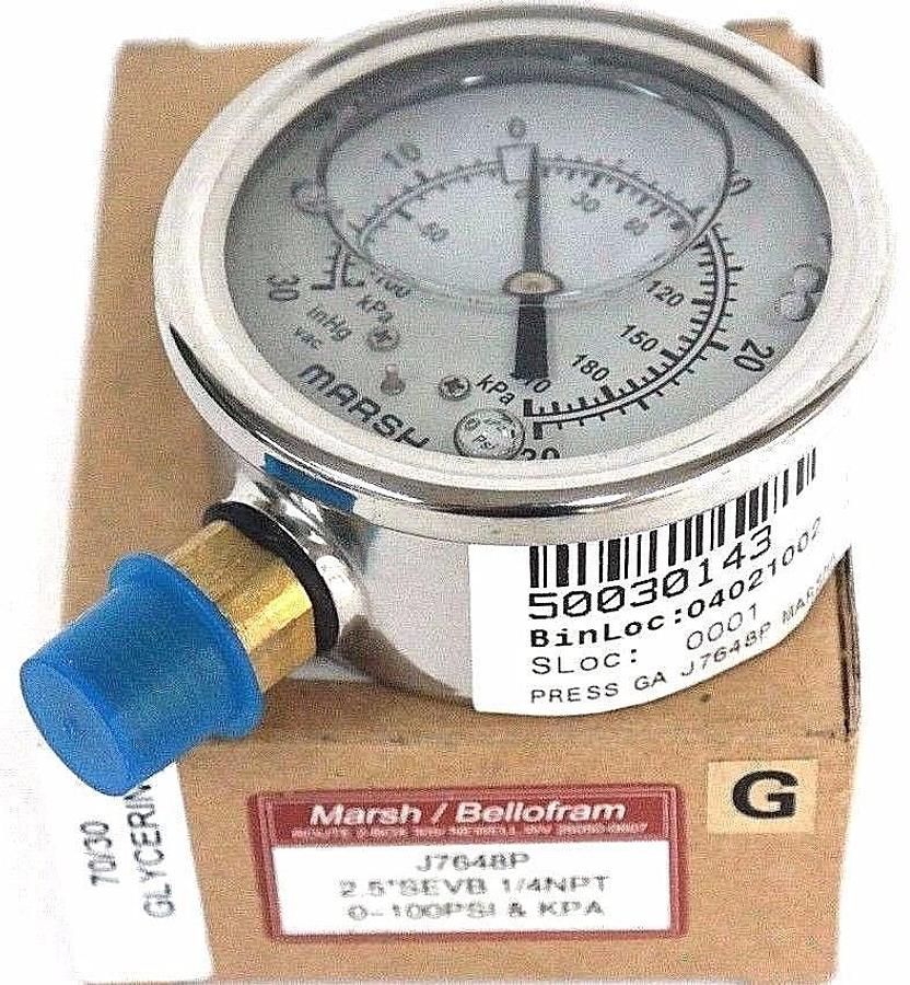 Used NIB MARSH J7648P GAUGE 2.5'' SEVB 1/4NPT, 0-100PSI & KPA