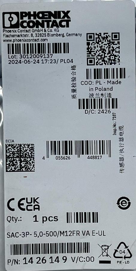 Phoenix Contact 1426149 SAC-3P-5,0-500/M12FR VA E-UL Sensor/Actuator Cable 5m