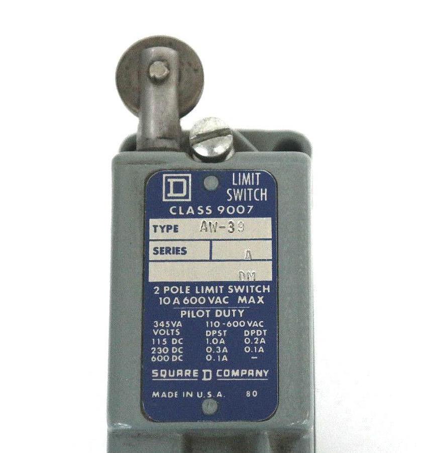 Used SQUARE D 9007-AW-39 LIMIT SWITCH SERIES A, 2 POLE, 10 A, 600 VAC 9007AW39