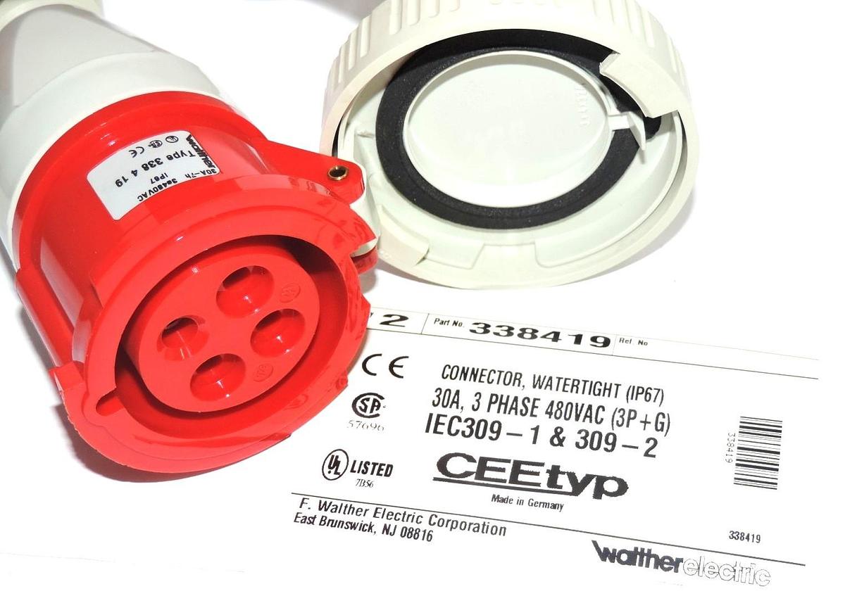 Used NEW WALTHER ELECTRIC 338419 CONNECTOR, WATERTIGHT (IP67) 30A, 3 PHASE 480VAC