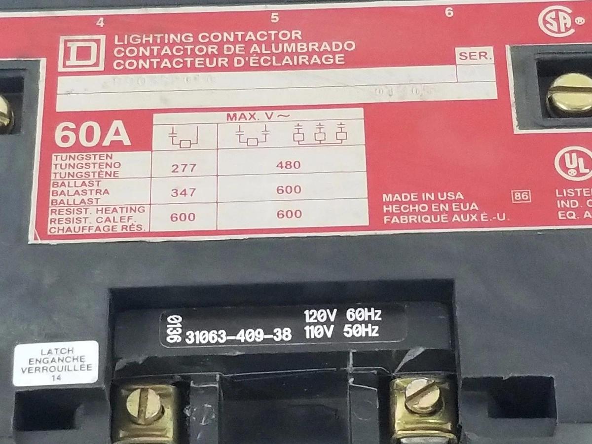 Used SQUARE D 8903SPO10 LIGHTING CONTACTOR, 60A, SERIES A