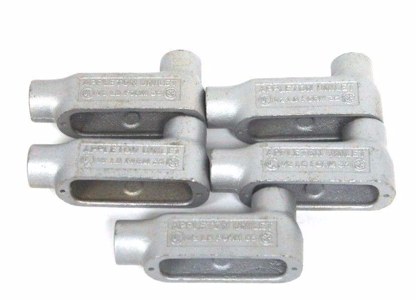 Used LOT OF 5 NEW APPLETON UNILET 1/2" LB FORM 35 ELBOW ENCLOSURES 4.5 CU IN