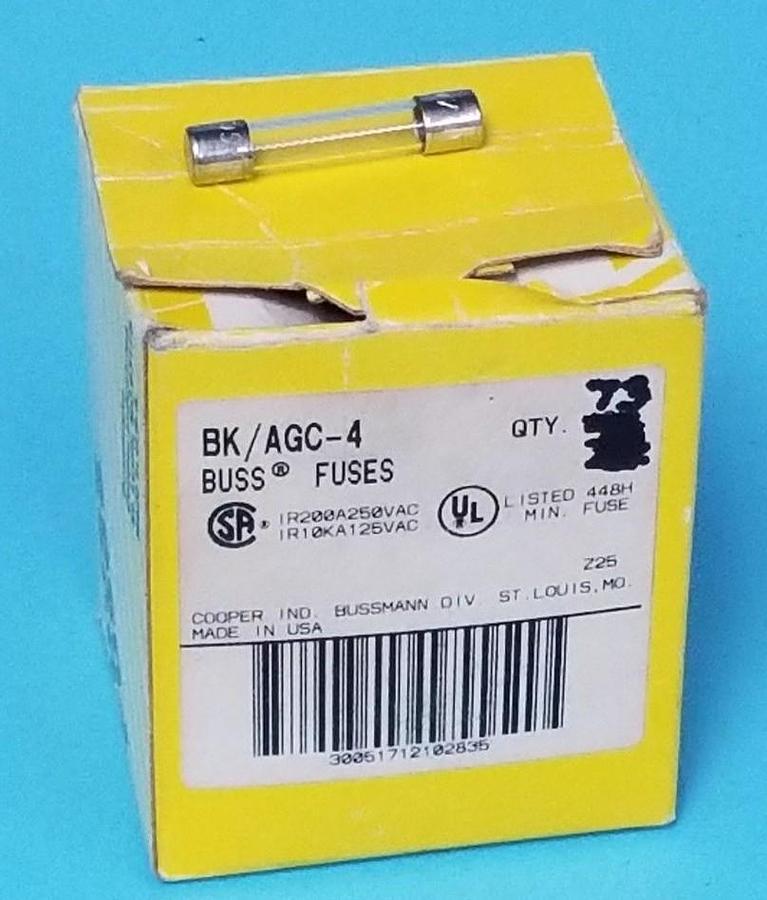 Used BOX OF 73 NEW COOPER BUSSMANN BK/AGC-4 BUSS FUSES 4AMP, 250VAC, BKAGC4