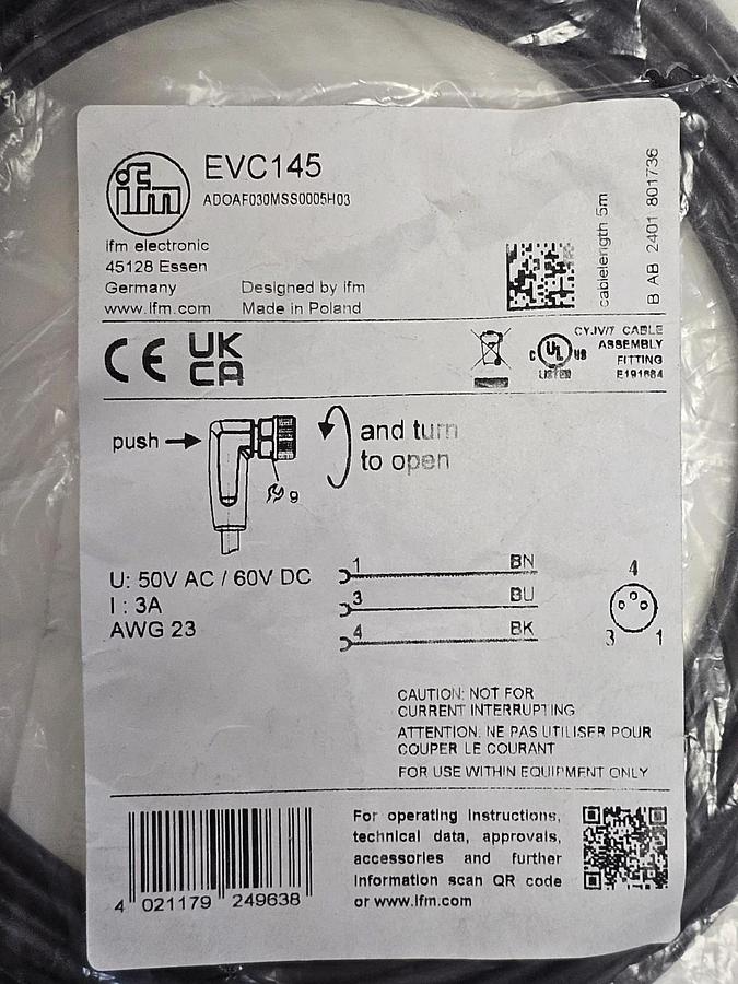 LOT OF 2 NEW IFM ADOAF030MSS0005H03 FEMALE CORDSETS 5 M PUR-CABLE EVC145