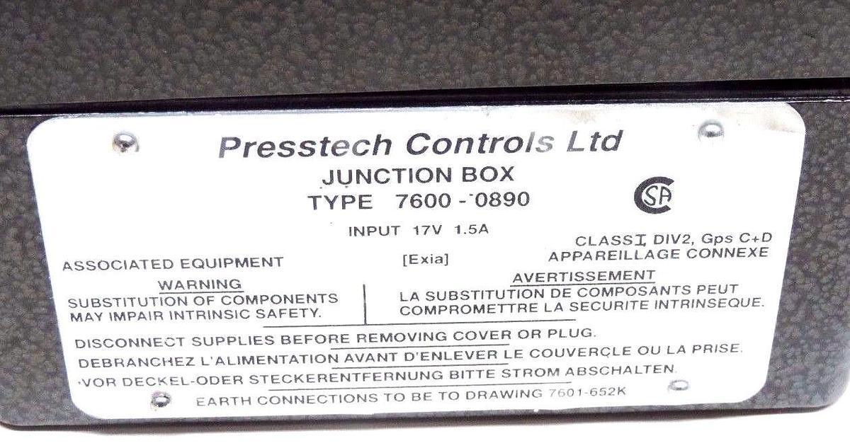 Used NEW PRESSTECH CONTROLS LTD 7600-0890-05B CONTROLLER W/ 7600-0890 JUNCTION BOX