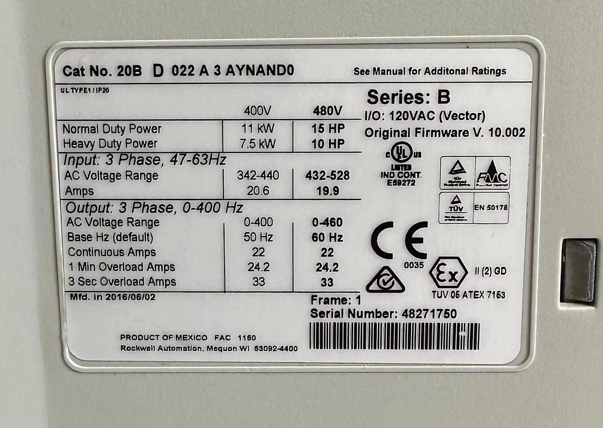 Used ALLEN BRADLEY 20BD022A3AYNAND0 /B PowerFlex 700 AC DRIVE 11kW/15HP 480V 10.002