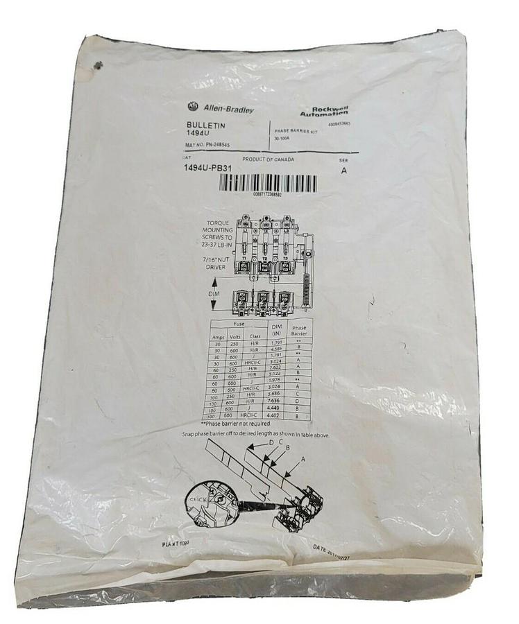 Used NEW ALLEN BRADLEY 1494U-PB31 PHASE BARRIER KIT 1494UPB31 SER. A