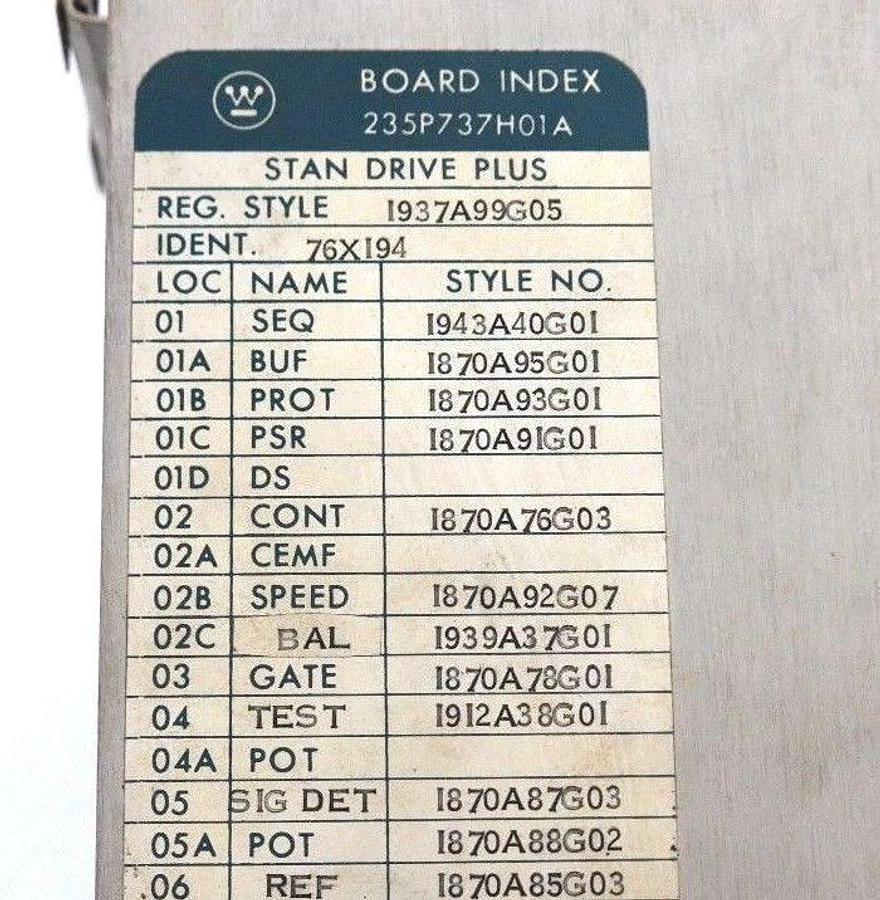 Used WESTINGHOUSE 235P737H01A BOARD INDEX STAN DRIVE PLUS REG.STYLE 1937A99G05 76X194