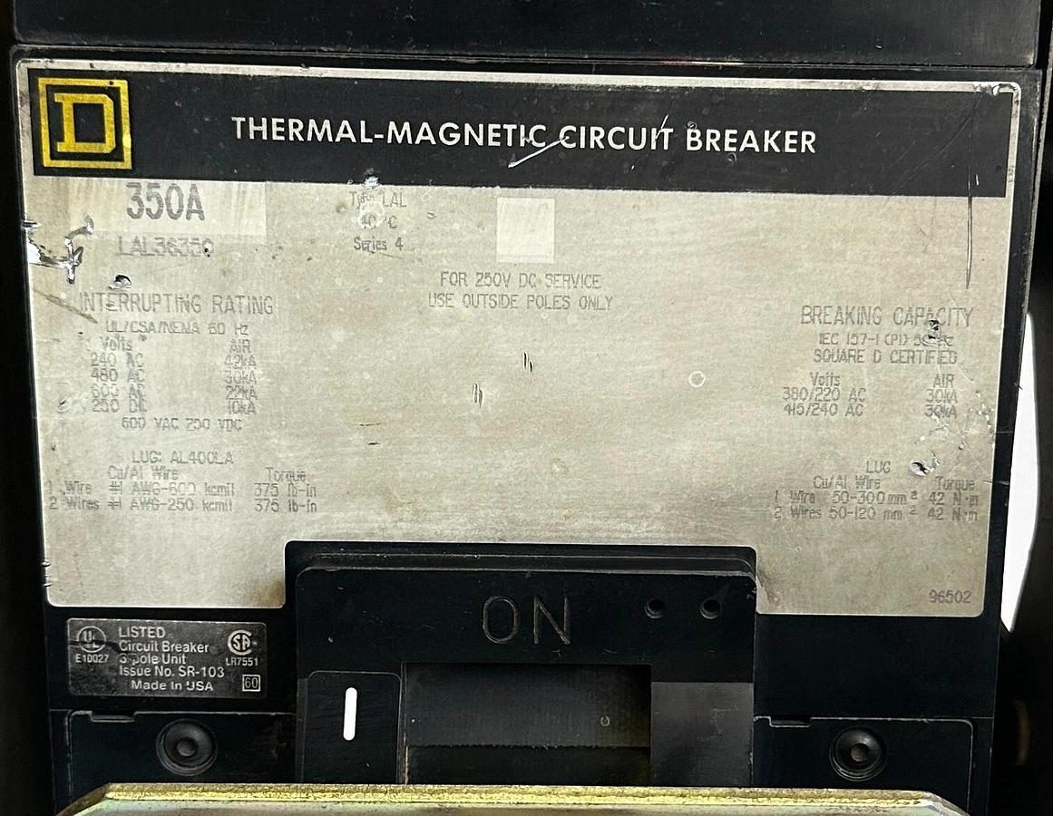 Used SQUARE D LAL36350 THERMAL-MAGNETIC CIRCUIT BREAKER 350A W/ 9422RR1 /B MECHANISM