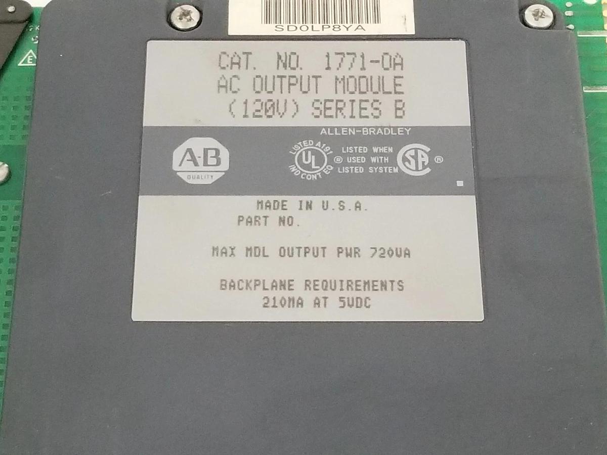 Used ALLEN BRADLEY 1771-OA OUTPUT MODULE (120V) AC SER. B 720VA 1771-0A W/ 1771-WA