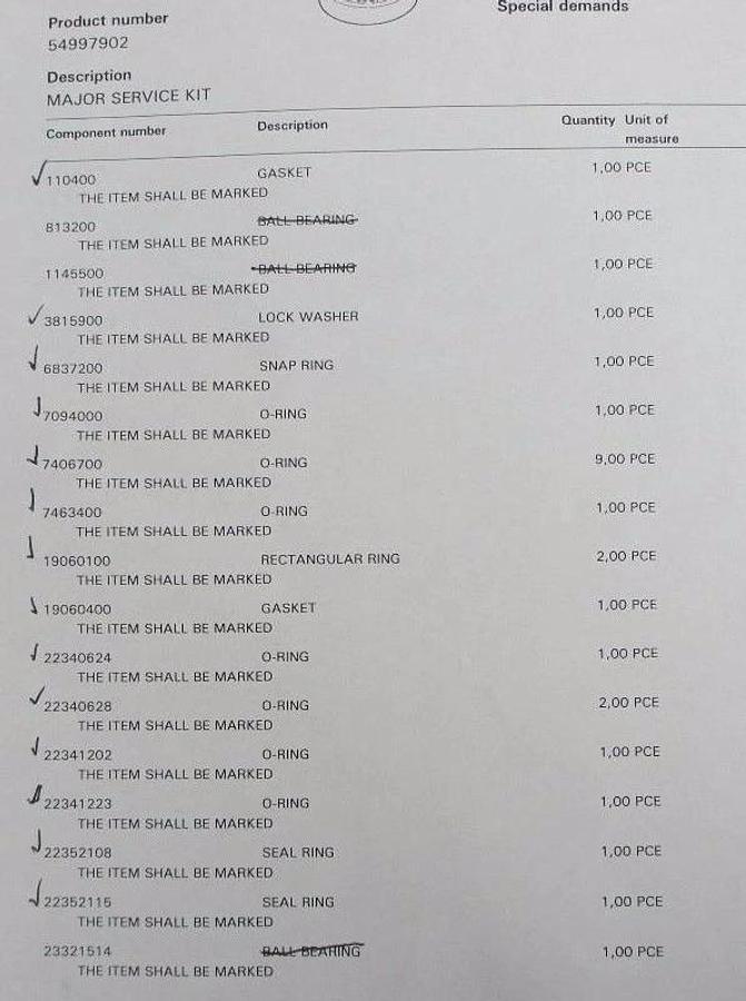 NEW ALFA LAVAL 54997902 CENTRIFUGE MAJOR SERVICE KIT W/O BEARINGS