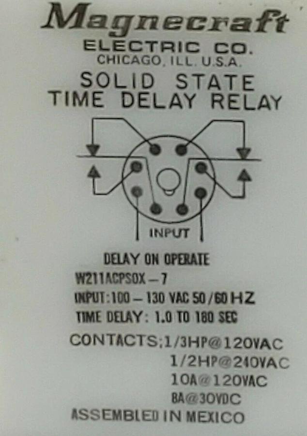 Used MAGNECRAFT ELECTRIC. CO W211ACPS0X-7 SOLID STATE TIME DELAY RELAY 10A 120V 50/60