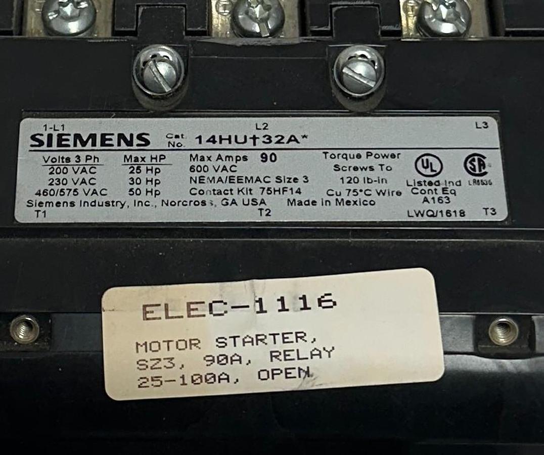 Used For Parts SIEMENS 14HU+32A / 14HU 32A SIZE 3 MOTOR STARTER 90A 600VAC 3PH *READ