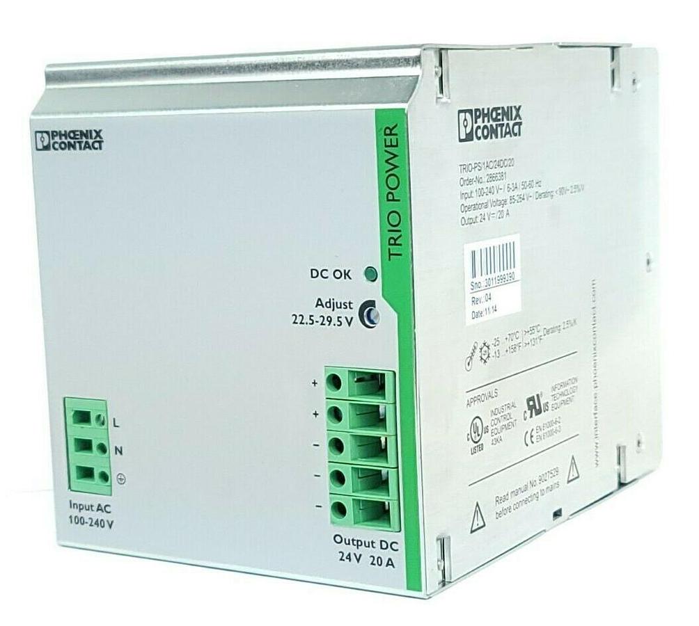 Used PHOENIX CONTACT TRIO-PS/1AC/24DC/20 POWER SUPPLY 2866381 OUTPUT: 24 V DC/20 A